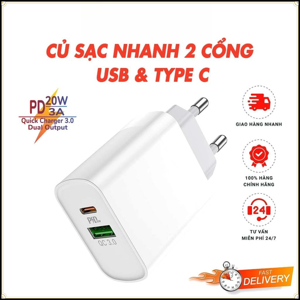 Củ Sạc Nhanh 30W PD3.0 | Type‑C + USB + Lightning | 4.5V/5A – 5V/4.5A | Cho iPhone – Samsung – Xiaom