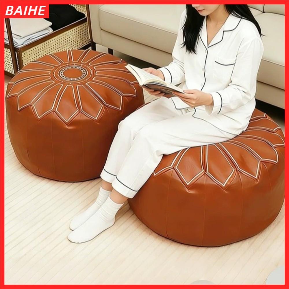 BAIHE Fillable Ottoman Pouf, Phong Cách Ma-rốc Hình Tròn Lưu Trữ Ottoman, Da PU Họa Tiết Thêu Tròn P