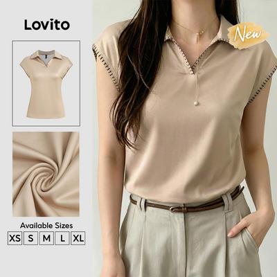 (New Arrival) Lovito Áo thun nữ màu khaki phối màu cổ điển thanh lịch đa năng cho mùa xuân/hè TSK8P1D3272
