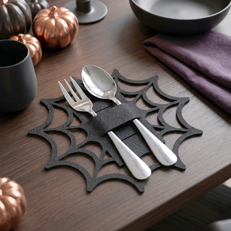Halloween Nhện Mạng Dơi Dao Kéo Túi Đen Nỉ Dao Kéo Túi Ngày Lễ Tiệc Ăn Trang Trí Bàn Dao Kéo Bao Da