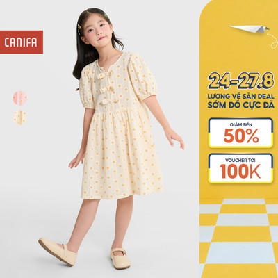 Váy liền bé gái CANIFA cộc tay dáng xòe hoạ tiết chấm bi 1DS25S010