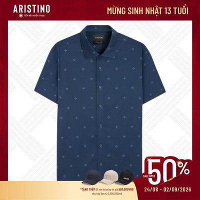 Áo Sơ Mi Nam Aristino Regular Fit, sơ mi ngắn tay xanh họa tiết ASS100AS3