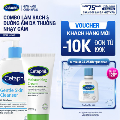 Combo Làm sạch và Dưỡng ẩm cho da thường nhạy cảm Cetaphil Gentle Skin Cleanser 236ml + Cetaphil Moisturizing 50gr