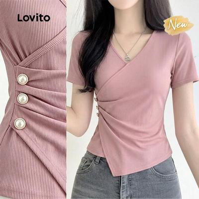 (New Arrival) Lovito Áo thun nữ màu hồng xuân/hè cúc lệch xếp ly thanh lịch TSB199P2D481