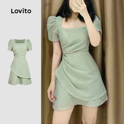 Đầm Lovito thanh lịch phong cách xếp ly mùa xuân/hè màu xanh lá cho nữ L177ED160