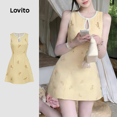 Lovito Đầm phong cách thường ngày khóa kéo cắt xẻ viền cổ mùa xuân/hè màu vàng cho nữ L177ED219