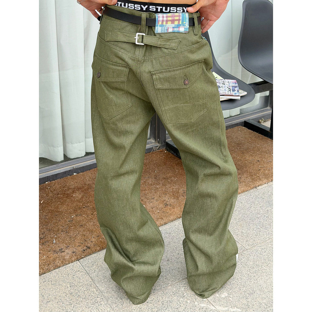 Mỹ Retro cleanfit Heavy Wash OG107 Quân Đội Xanh Quần Rời Thẳng Quần Nam Nữ