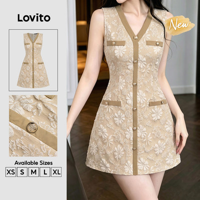 (New Arrival) Lovito Đầm nữ màu kaki nhạt giả túi trang trí cúc tinh tế mùa xuân/hè DRK8TD215