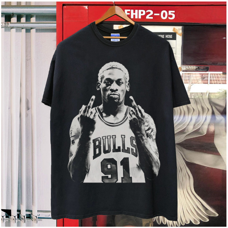 Súng Trẻ Dennis Rodman Rodman Retro Chân Dung Xu Hướng Phố Cao Cấp Mỹ Nguyên Chất Cotton In Tay Ngắn