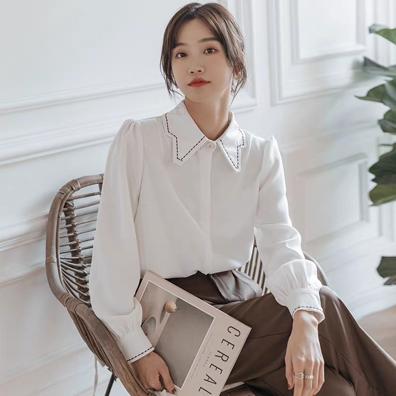 9736 Áo Sơ Mi Tay Dài Nút Top Rời Ve Áo Trắng Phù Hợp Với Nữ