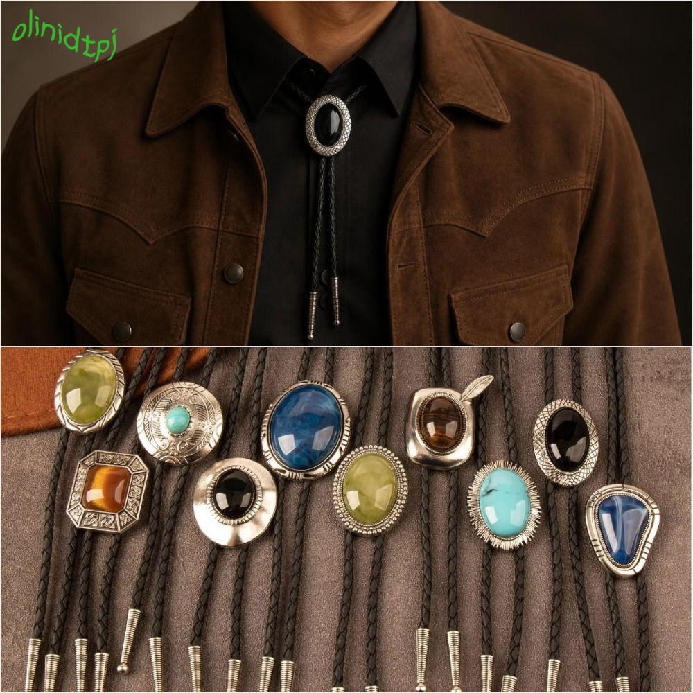 IOLINIDT Western Bolo Tie, Mặt dây chuyền đá Đĩa tròn Bolo Tie Set, Vintage Phong cách cá tính Bolo 