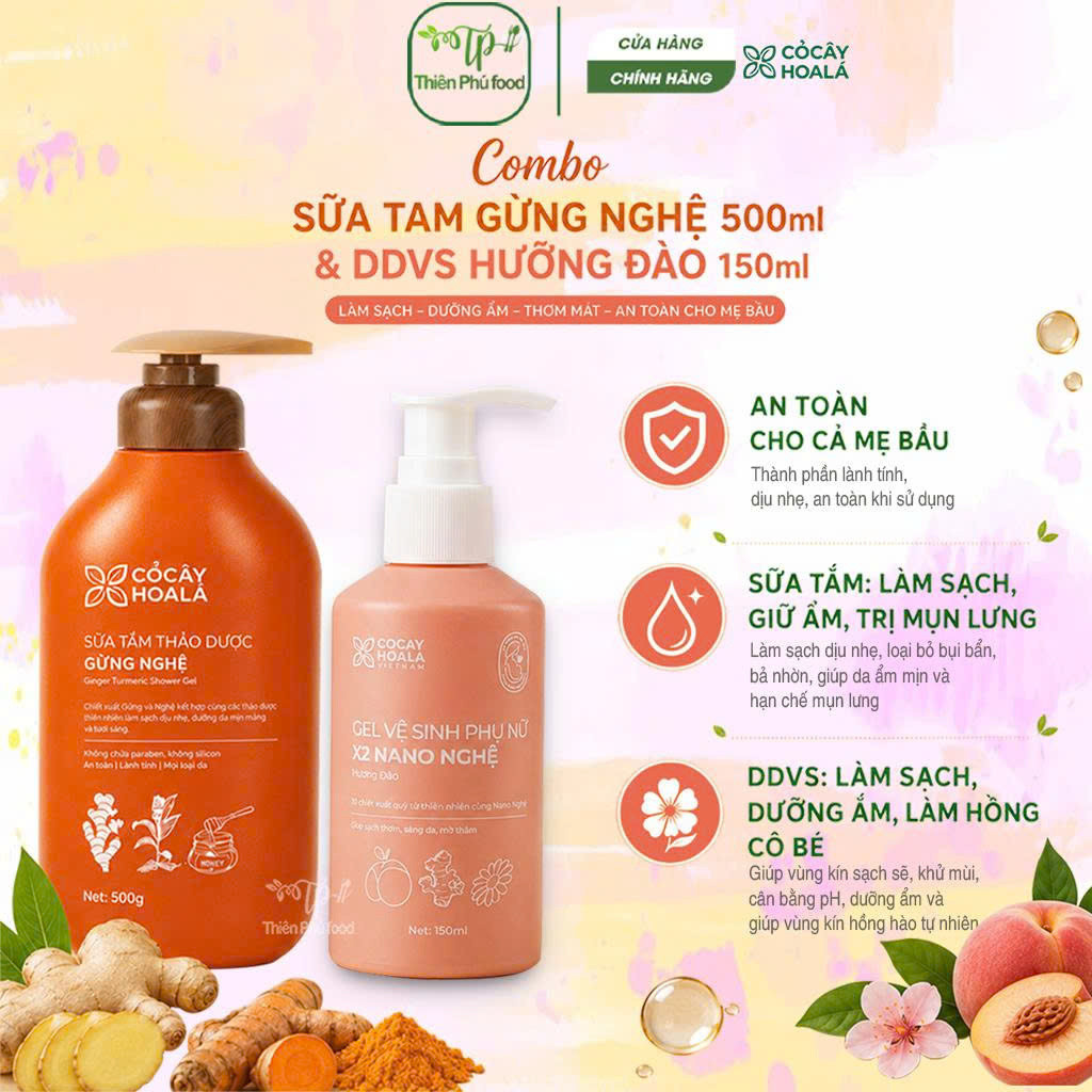 [Combo Sữa Tắm + DDVS X2 Nano Nghệ] Sữa Tắm Thảo Dược Hữu Cơ Gừng Nghệ Cỏ Cây Hoa Lá 500g + DDVS X2 