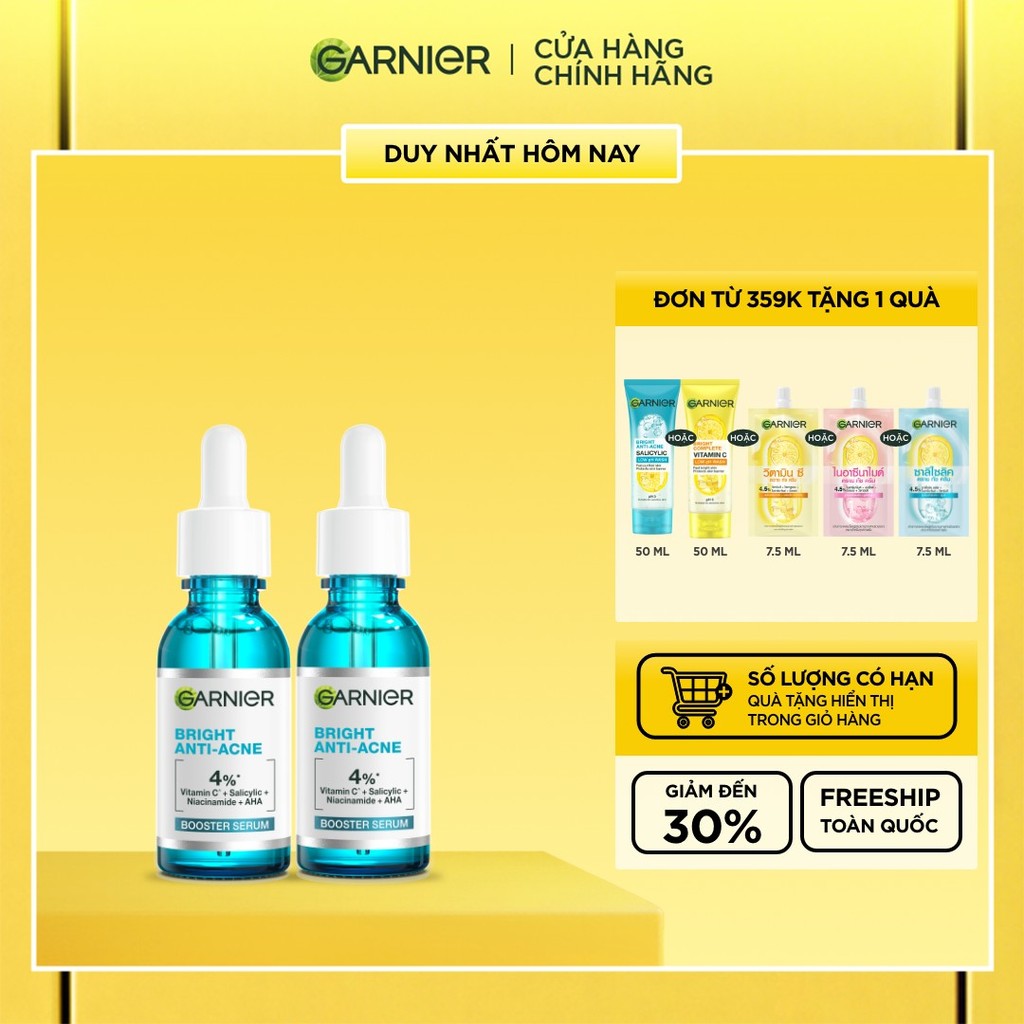 Bộ đôi dưỡng chất cho da dầu mụn Garnier Bright Complete Anti-Acne Serum 4% [Niacinamide, BHA, AHA, 
