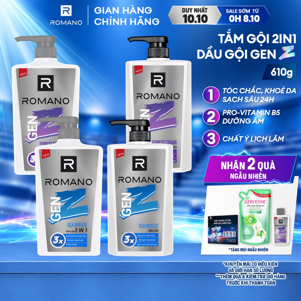 Tắm gội cho nam 2in1 cho nam / Dầu gội nam Romano Gen Z hương Sea Breeze/ Forest Cedar 610g / chai -