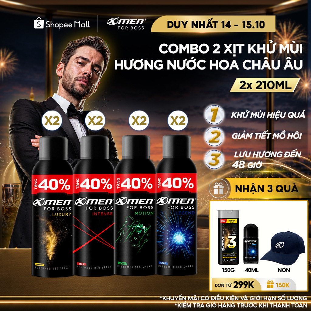 Combo 2 Xịt khử mùi X-Men For Boss 210ml/chai Khô Thoáng Lưu Hương 48H