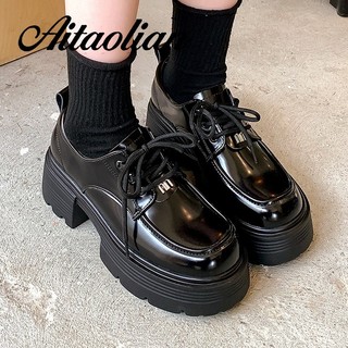 Bằng Sáng Chế Da 6cm Giày Cao Gót Nữ Cổ Điển Ren-up Phong Cách Anh Giày Da Retro Nữ Loafer Tròn Nóng