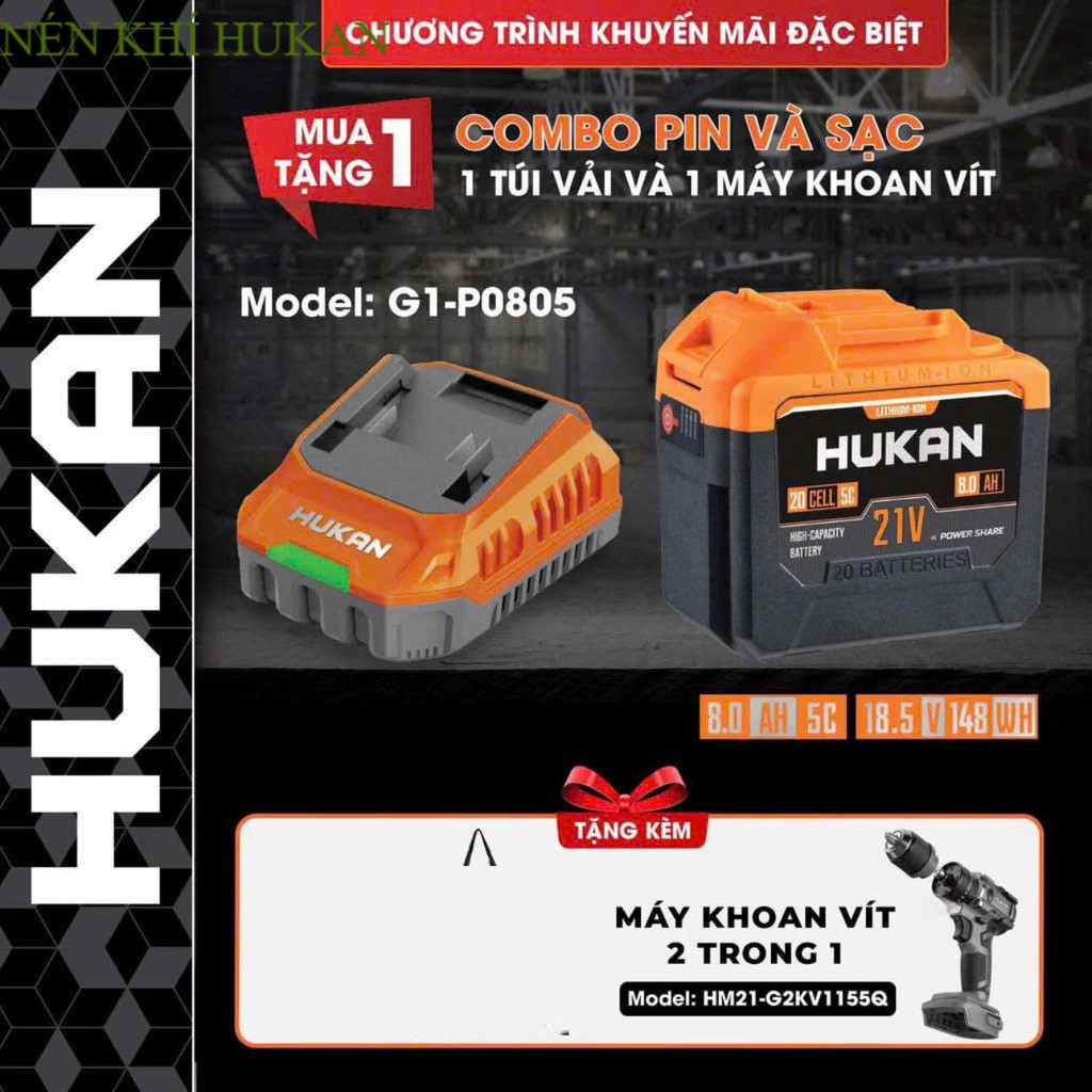 ( HỎA TỐC) Pin 20 Cell Hukan Dung Lượng 8Ah  Chân Pin Phổ Thông Tặng Sạc ,Tặng thân khoan . Nén Khí 
