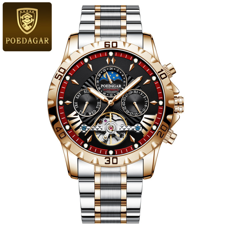POEDAGAR Chính Hãng 1410 Tự Động Chống Nước Dạ Quang Quan Điểm Cửa Sổ Đồng Hồ Cơ Đa Năng Nam