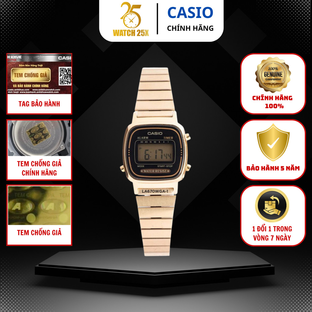 Đồng Hồ Điện Tử Casio LA670WGA-1DF WATCH25X Nữ Mặt Vuông Nhỏ 24.6mm Phong Cách Retro.