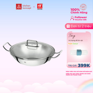 Chảo Inox Xào Sâu Lòng Wok Zwilling Plus 32cm có nắp kính dùng được trên bếp từ