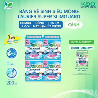 Combo 4 gói BVS Laurier Siêu Mỏng 1mm Mát lạnh 25cm 7 miếng
