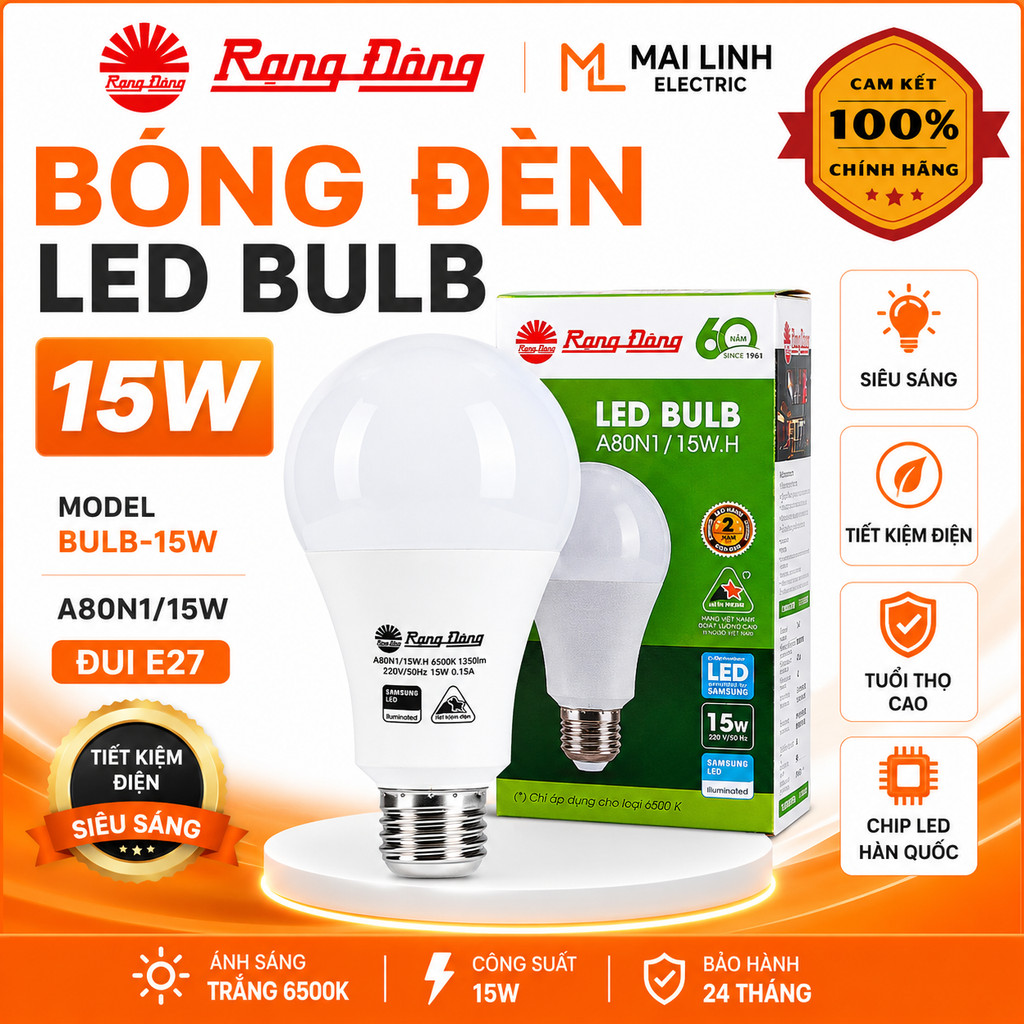 [CHÍNH HÃNG] Bóng đèn Led bulb tròn 15W Đui E27 Rạng Đông, siêu sáng, tiết kiệm điện MODEL Bulb-15W 