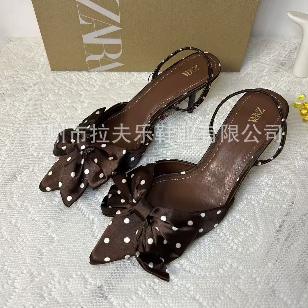 YMLZ ZARA Summer new style silk satin bow sandals with thin heels, polka dot high heels for women