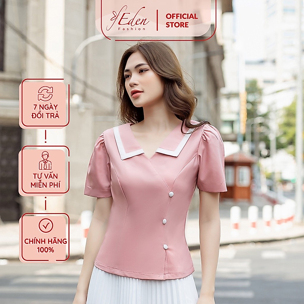 Áo kiểu nữ công sở cổ v phối nút Thời trang Eden - ASM199