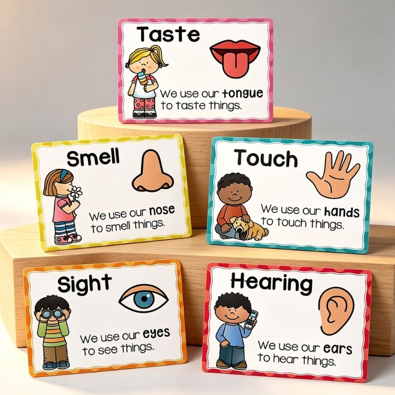 Love * Five Senses Learning Poster Cards Set 5 Cái Trẻ Em Giáo Dục Sớm Trực Quan Thính Giác Xúc Giác