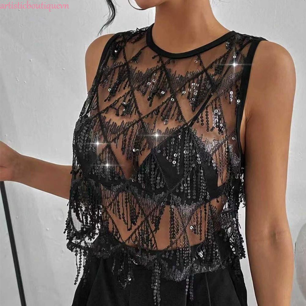 ARTI Sequin Áo Vest, Fringe Loose Fit Crop Top, Sang Trọng Thêu Lưới Không Tay Sheer Camisole Hot Gr