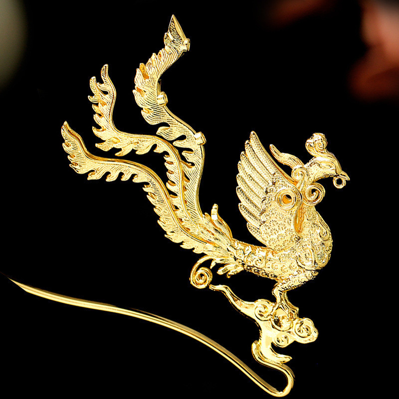 Phượng Hoàng Kẹp Tóc Nữ Phương Pháp Cổ Đại Cửu Long Jiufeng Gilt Soohe Mũ Đội Đầu Retro Cưới Phượng 