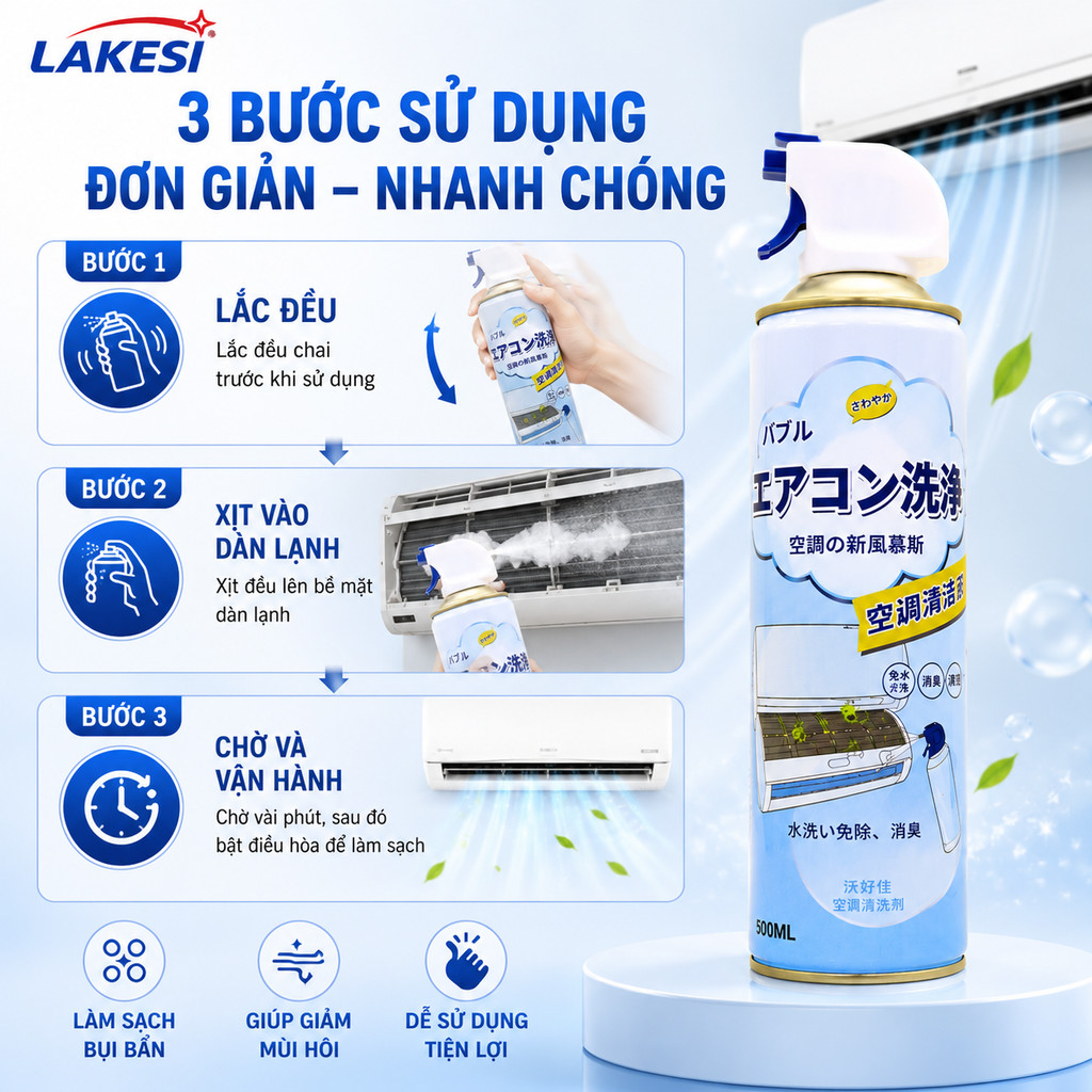 LAKESI Dung Dịch Vệ Sinh Máy Lạnh 500ml Công Nghệ Nhật Bản Làm Sạch Dàn Lạnh