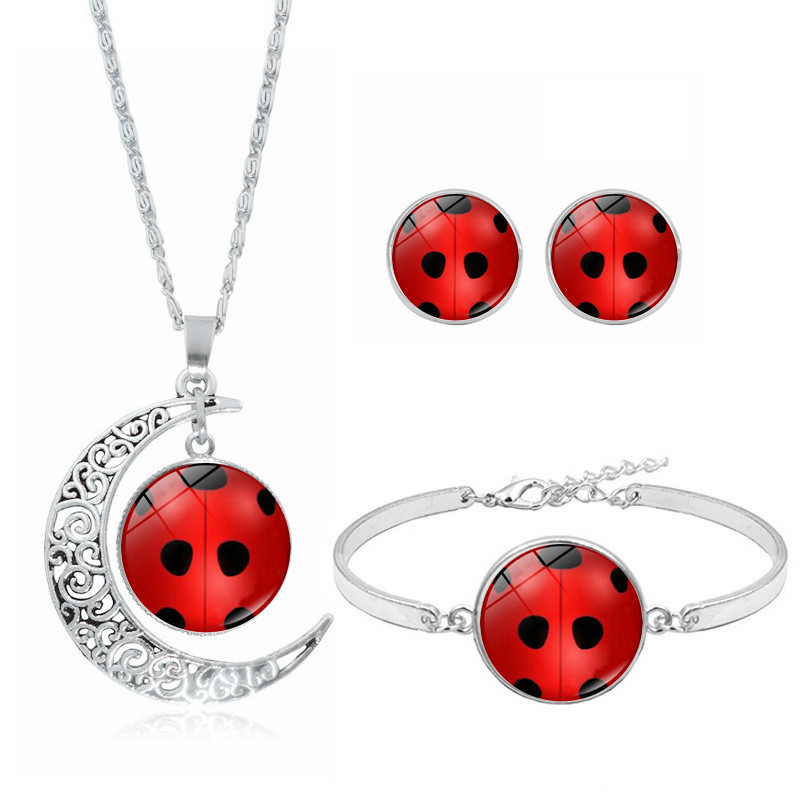 Preferred#Cartoon anime round polka dot ladybug necklace set creative girl silver bracelet earring j
