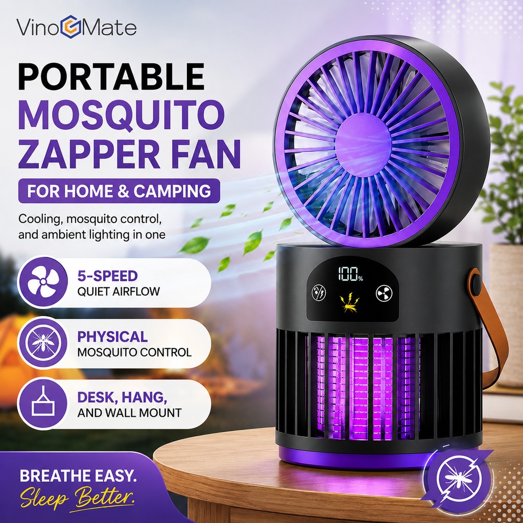 Quạt Bug Zapper có thể sạc lại 6 trong 1 có đèn ngủ LED, có chức năng làm mát 5 tốc độ, màn hình kỹ 