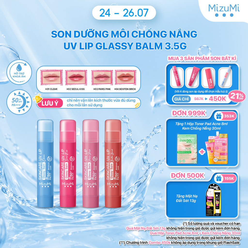 Son Dưỡng Môi Chống Nắng MizuMi Skincare UV Lip Glassy Balm Clear / Seoul Kiss 3.5g