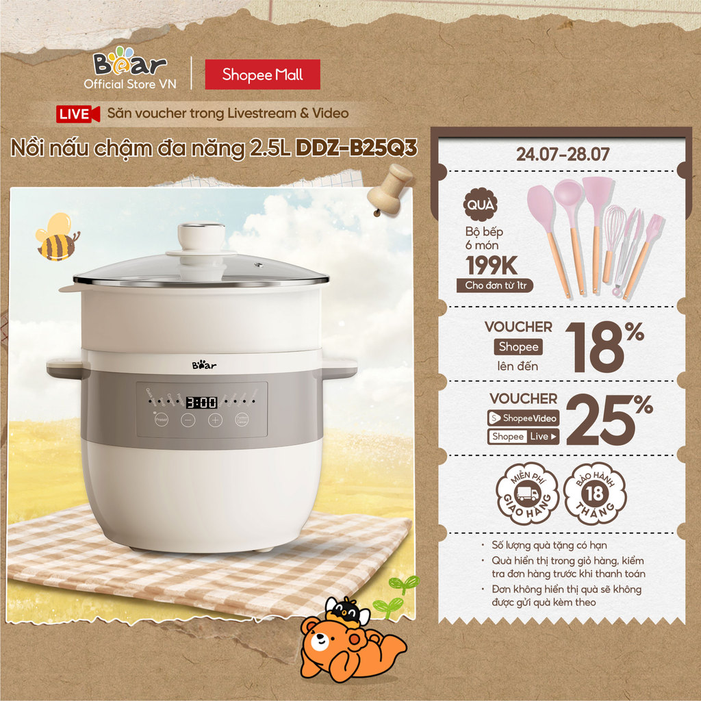 Nồi Nấu Chậm 2.5L Đa Năng Bear DDZ-B25Q3 (KÈM XỬNG HẤP) - Hàng Chính Hãng