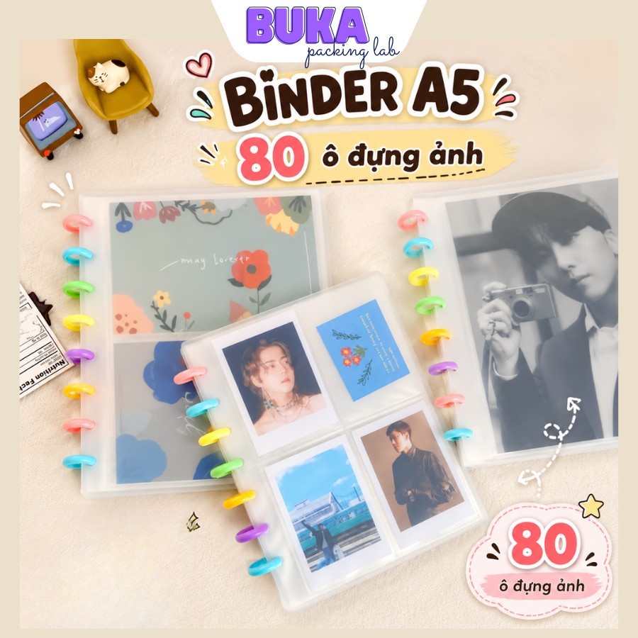 Album A5 ringnote binder nút nấm 80 ô đựng ảnh sổ binder bìa sổ nhựa đựng sưu tầm ảnh