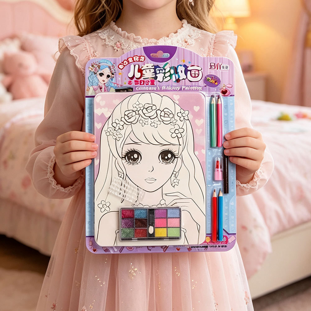 Kids Makeup Coloring Painting Set, Princess Face Drawing Kit with Eyeshadow Palette Colored Pencils