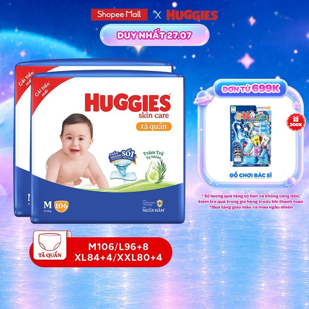 Combo 2 Tã quần Huggies Skincare Mega Jumbo M106/L96+8/XL84+4 với tràm trà dịu da