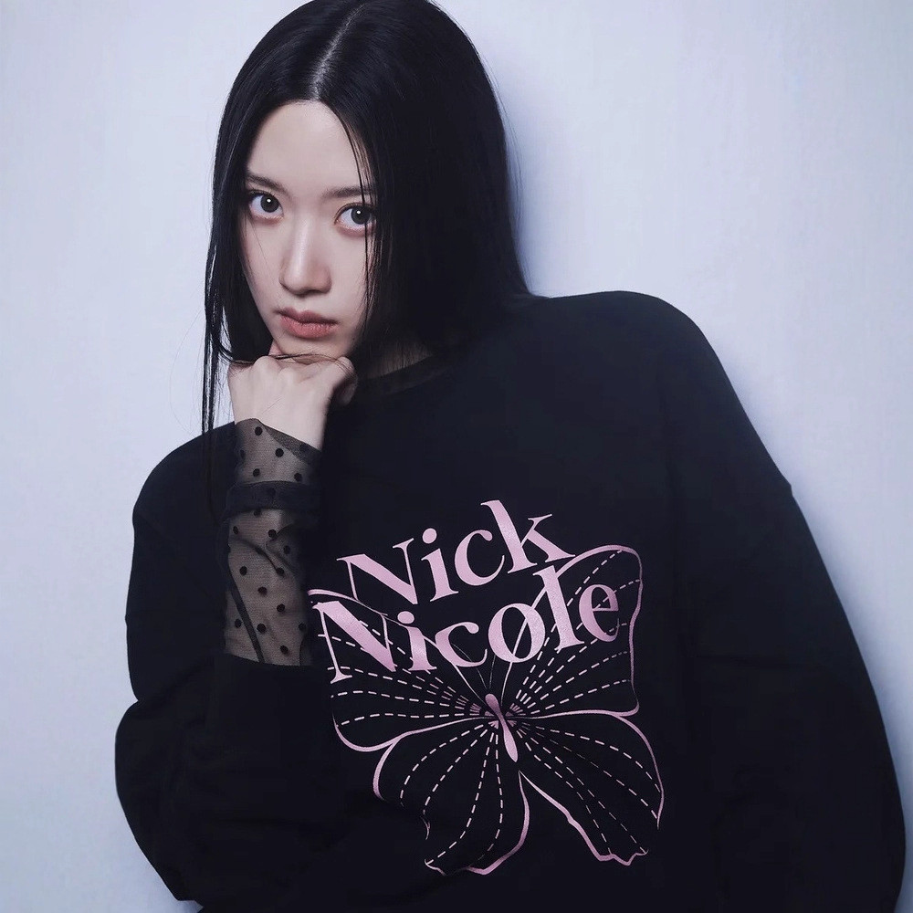 NICK NICOLE Korean niche fashion brand butterfly letter print embroidered crew neck sweatshirt, loos