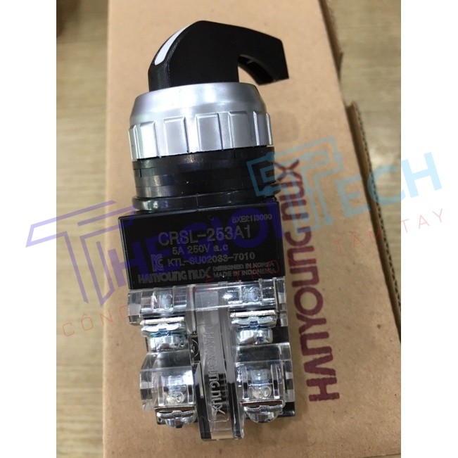 (Hanyoung) Công tắc chuyển mạch 3 vị trí 6A/250VAC/1NO+1NC phi 25 cần dài CRSL-253A1 , cần ngắn CRS-