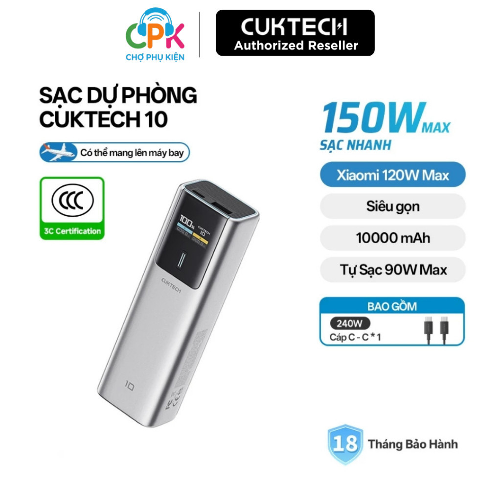 CUKTECH Pb100P Sạc Di Động 1C1A | Công Suất 150W Max | Dung Lượng 10.000mAh | Bảo Hành 18 Tháng PB10