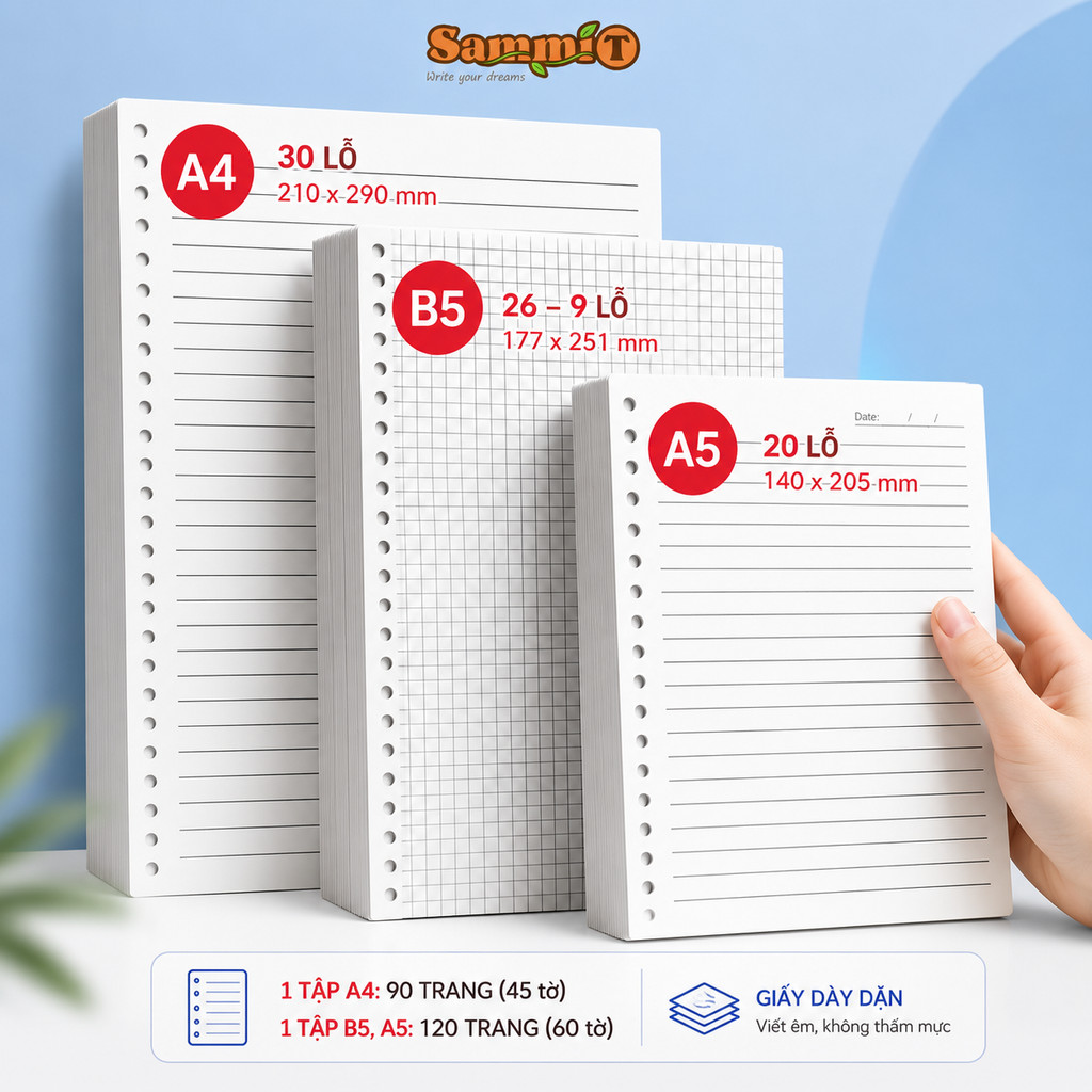 Giấy Refill Sổ Còng SammiT khổ A4/B5/A5, Giấy Kẻ Ngang, Kẻ Caro Vuông Ruột Sổ Còng ChoHọc Sinh, Sinh