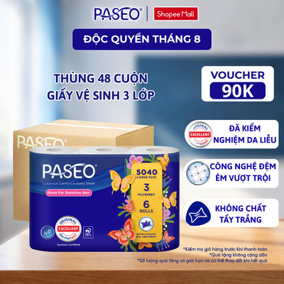 [Thùng 48 Cuộn] Giấy Vệ Sinh PASEO 6 Cuộn/Lốc Mềm Mịn Cao Cấp Thấm Hút Tốt Tan Nhanh Không Gây Tắc Nghẽn (3 Lớp)