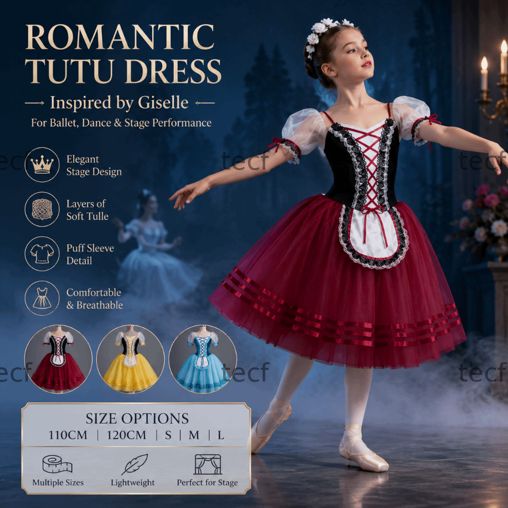 TECF Giselle Ballet Tutu Dress, Nhung Ruffle Thể Dục Dụng Cụ Khiêu Vũ Leotard, Cổ Điển Tay Phồng Ché