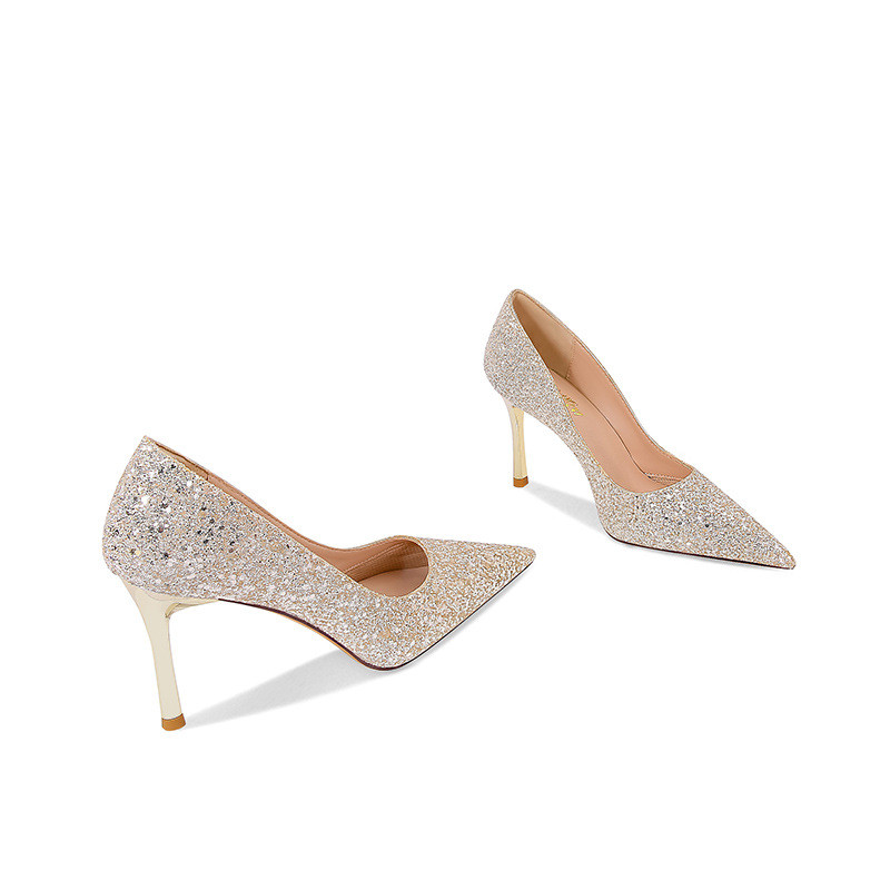 Champagne gold Women's Sequined Xiuhe Wedding Dress Bridal Pointed Toe High Heels