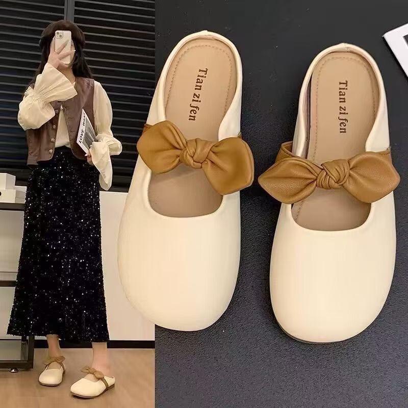 Bowknot 2025 Thời Trang Mới Mùa Hè Nữ Slip-On Flat Lazy Toe-Covered Half-Slippers Cho Ou