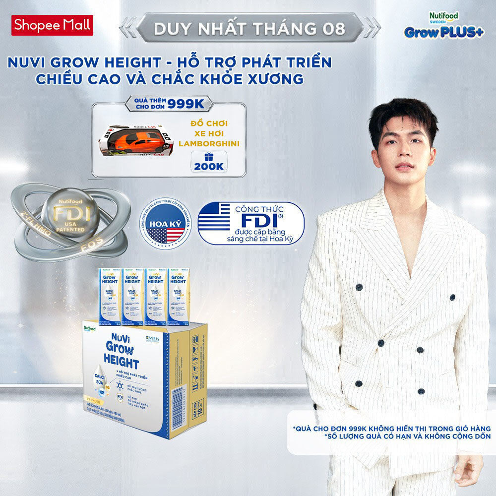 Thùng 24 hộp SBPS Nuvi Grow Height vị chuối 1+ hỗ trợ phát triển chiều cao hộp 180ml