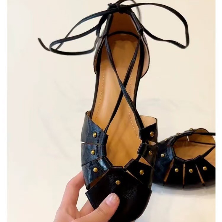 LH1S Women's fashionable closed-toe elegant new lace-up shoes, versatile Roman-style round flat summ