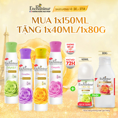 [TẶNG LĂN 40ML] Xịt khử mùi Enchanteur khô thoáng 72 giờ cảm giác tươi mát sảng khoái lâu dài 150ml (quà mùi ngẫu nhên)